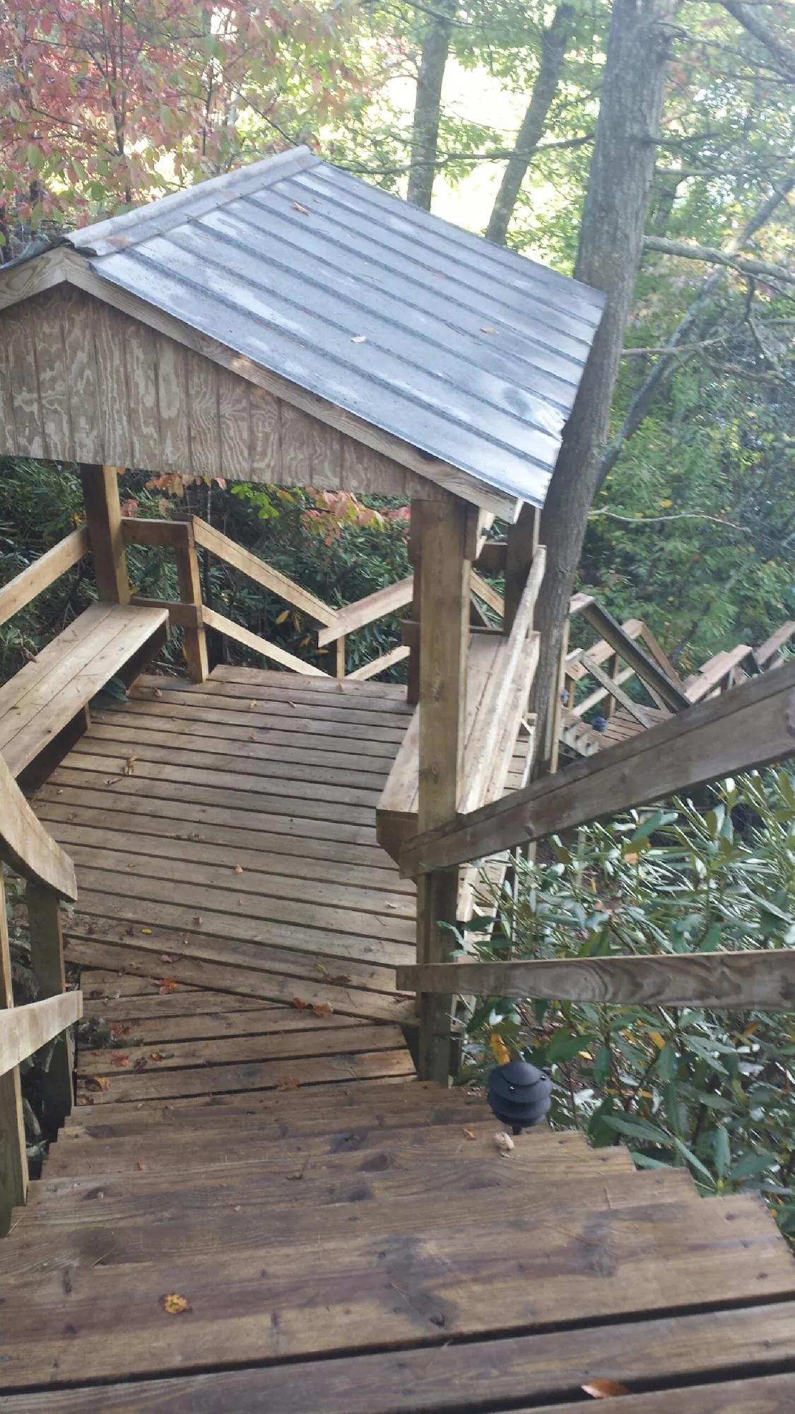 Metal roofed shelter over wooden steps on a wooded walkway — Skylight Repair & Installation work by our crew in Woodsboro